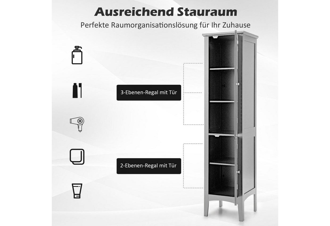 COSTWAY Hochschrank Bad,schmal,mit 2 Lamellentür,5 Fächern,37x37x160cm – Bild 3 von 5