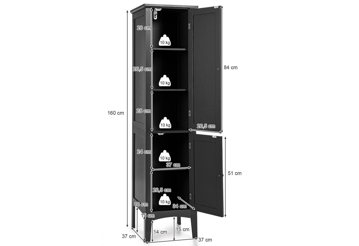 COSTWAY Hochschrank Bad,schmal,mit 2 Lamellentür,5 Fächern,37x37x160cm – Bild 5 von 5
