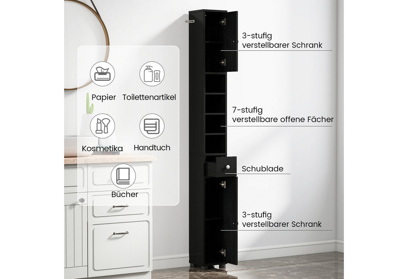 COSTWAY Hochschrank Badschrank schmal, verstellbaren Regal 180cm Weiß – Bild 3 von 5
