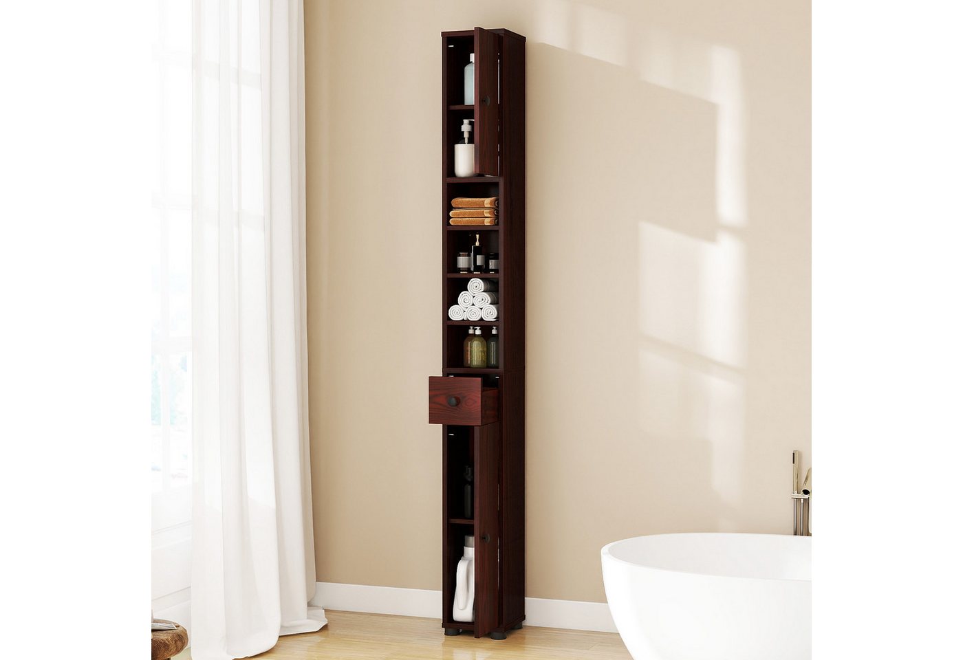 COSTWAY Hochschrank Badschrank schmal, verstellbaren Regal 180cm Weiß – Bild 2 von 5