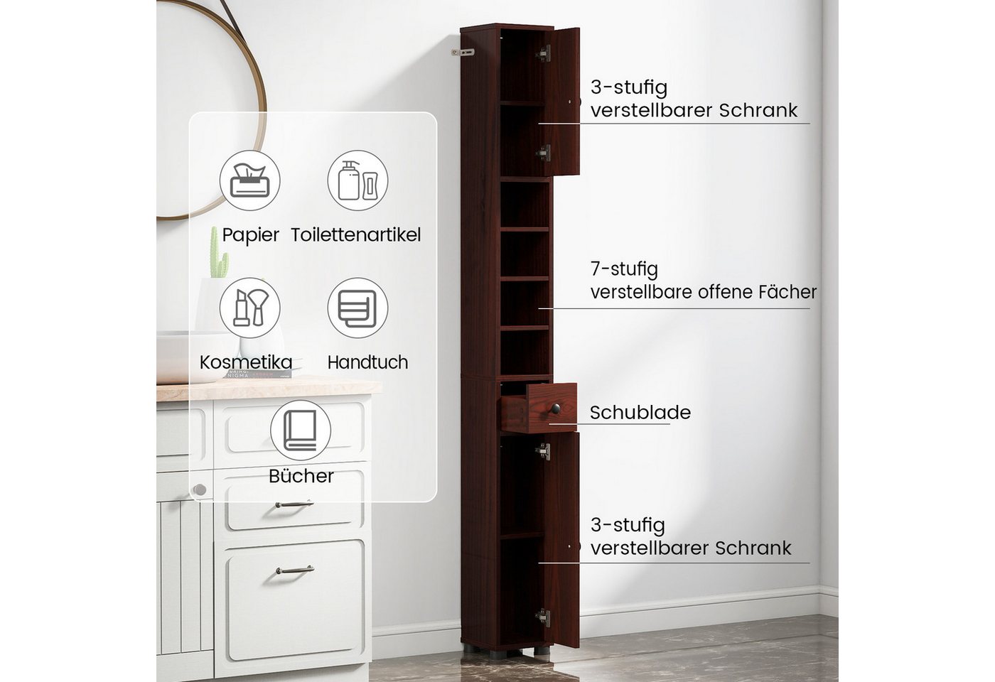 COSTWAY Hochschrank Badschrank schmal, verstellbaren Regal 180cm Weiß – Bild 3 von 5