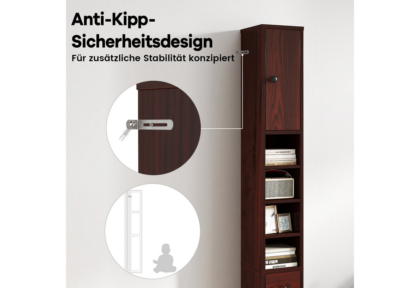 COSTWAY Hochschrank Badschrank schmal, verstellbaren Regal 180cm Weiß – Bild 4 von 5