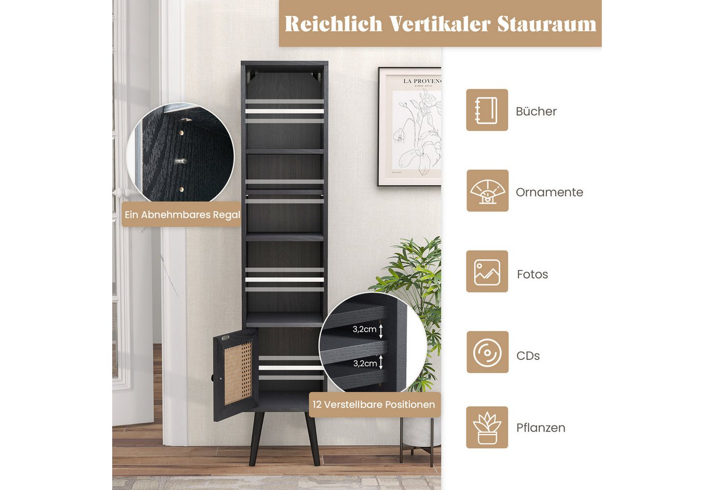 COSTWAY Hochschrank schmal, mit 4 Fächern & Rattantür, 29, 5 x 29, 5 x 137cm – Bild 3 von 5