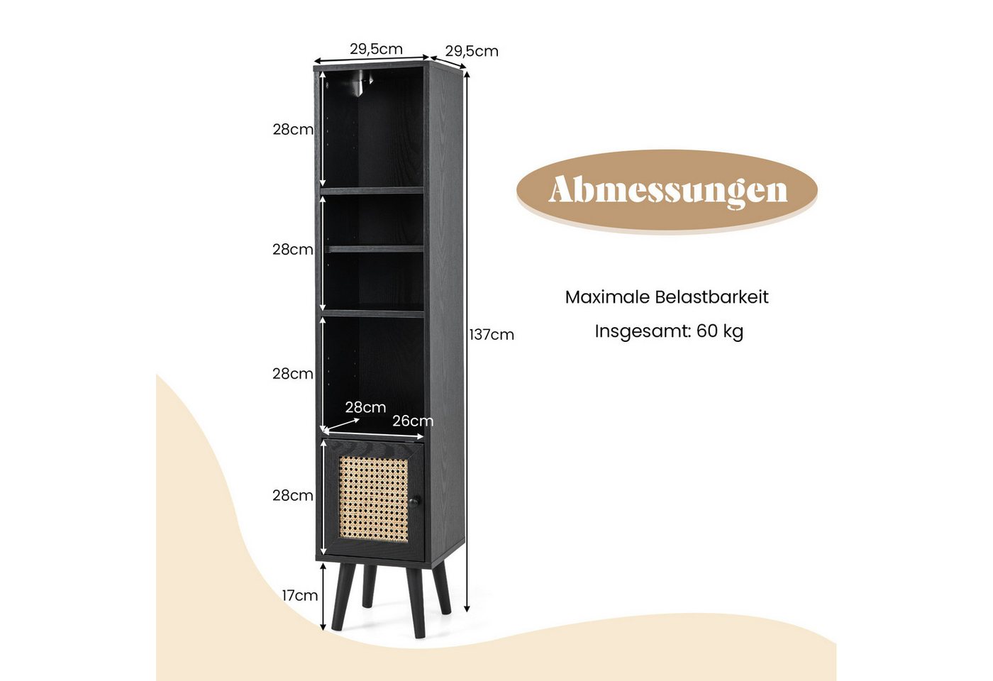 COSTWAY Hochschrank schmal, mit 4 Fächern & Rattantür, 29, 5 x 29, 5 x 137cm – Bild 5 von 5