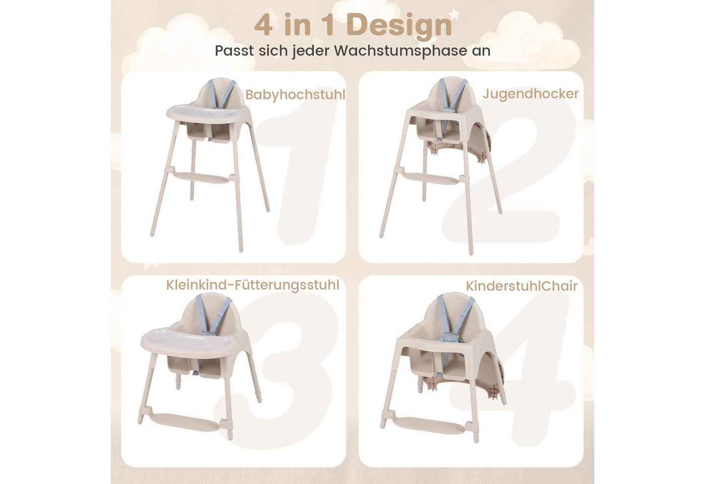 COSTWAY Hochstuhl (1 St), Kinderhochstuhl, 4 in 1 Babystuhl, mit 2 Höhen – Bild 2 von 5