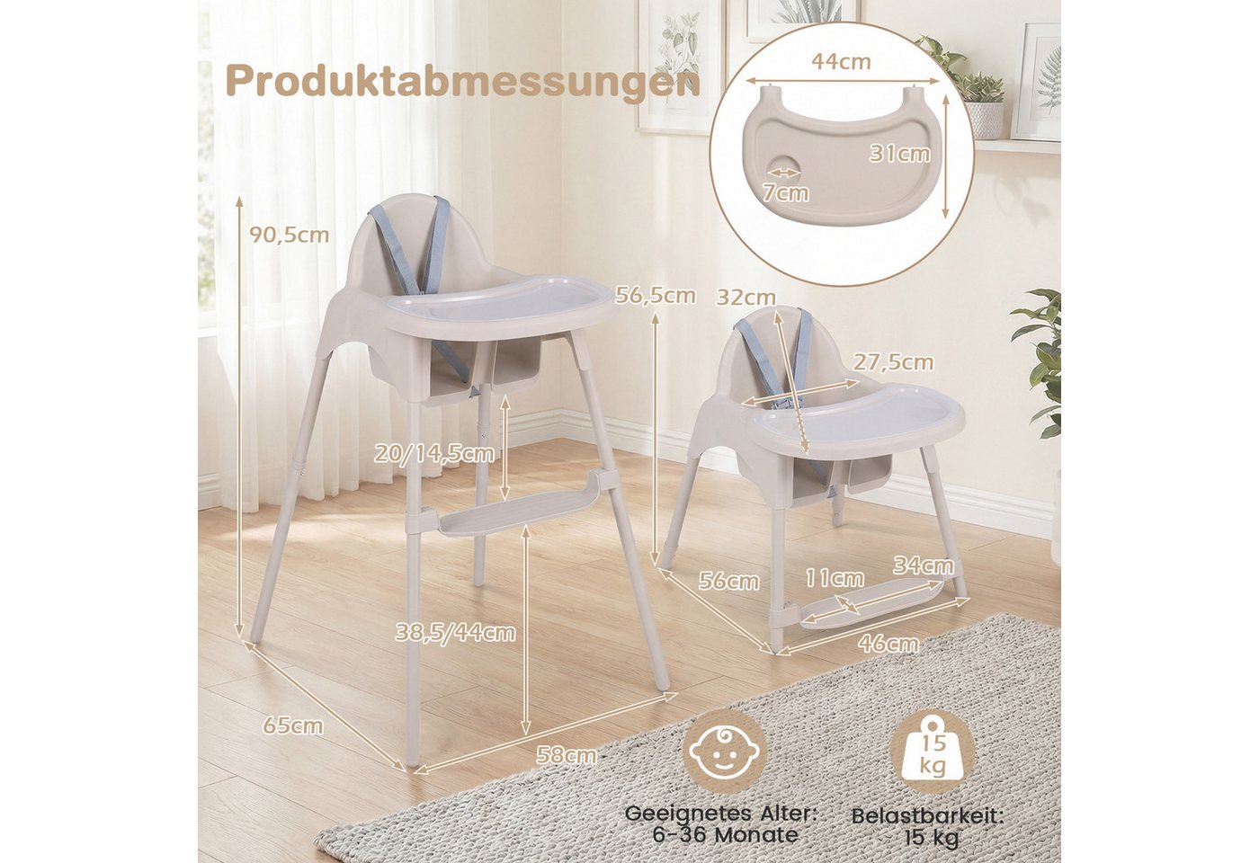 COSTWAY Hochstuhl (1 St), Kinderhochstuhl, 4 in 1 Babystuhl, mit 2 Höhen – Bild 3 von 5