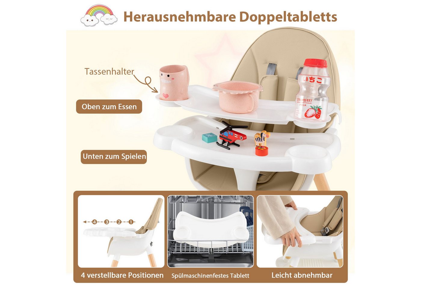 COSTWAY Hochstuhl (1 St), Kombihochstuhl, Babystuhl, mit Doppeltablett – Bild 5 von 5