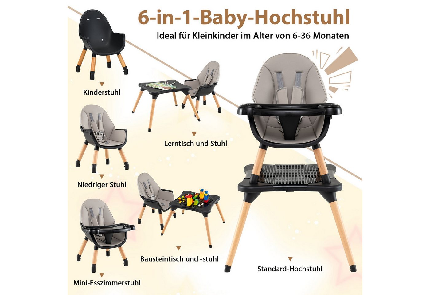 COSTWAY Hochstuhl (1 St), Kombihochstuhl, Babystuhl, mit Doppeltablett – Bild 2 von 5
