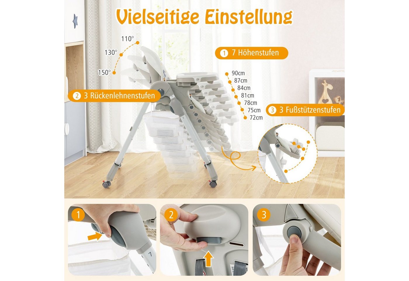 COSTWAY Hochstuhl Babystuhl, klappbar, verstellbar, mit Liegefunktion & Rädern – Bild 2 von 5