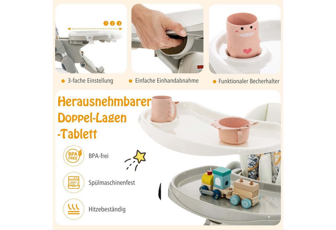 COSTWAY Hochstuhl Babystuhl, klappbar, verstellbar, mit Liegefunktion & Rädern – Bild 3 von 5