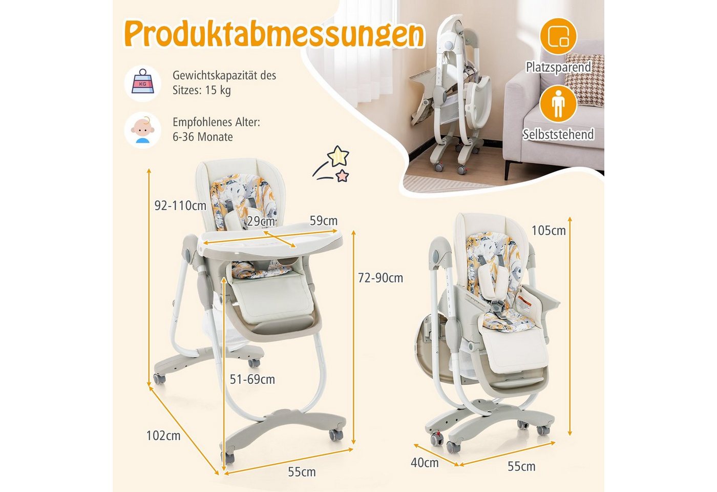 COSTWAY Hochstuhl Babystuhl, klappbar, verstellbar, mit Liegefunktion & Rädern – Bild 4 von 5