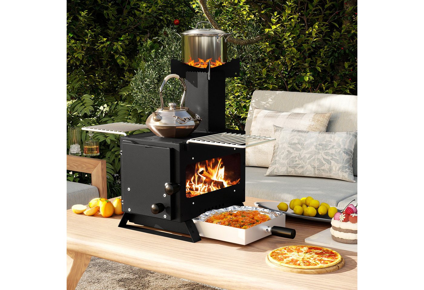 COSTWAY Holzkohlegrill 3in1, Heizofen mit Topfgestell, Ofenpfanne, 2 Grills – Bild 2 von 5