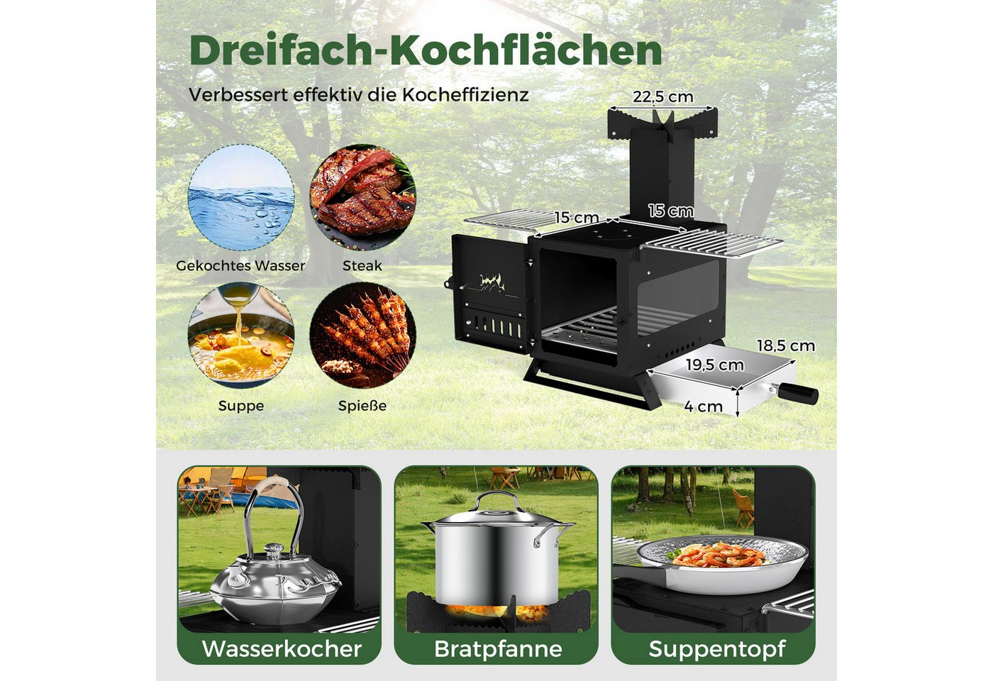 COSTWAY Holzkohlegrill 3in1, Heizofen mit Topfgestell, Ofenpfanne, 2 Grills – Bild 3 von 5