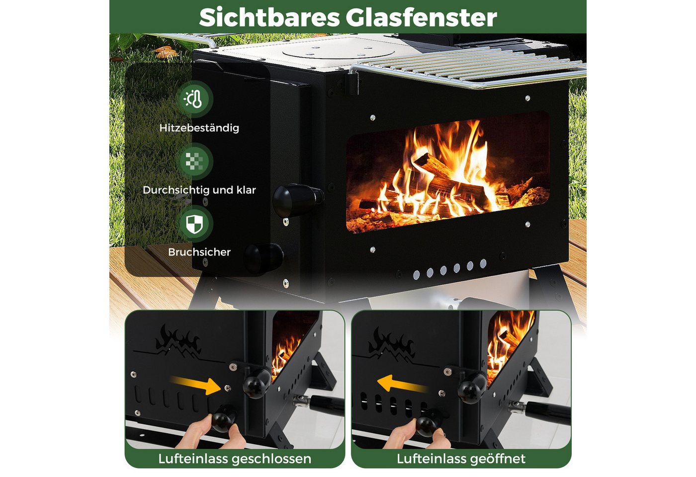 COSTWAY Holzkohlegrill 3in1, Heizofen mit Topfgestell, Ofenpfanne, 2 Grills – Bild 5 von 5