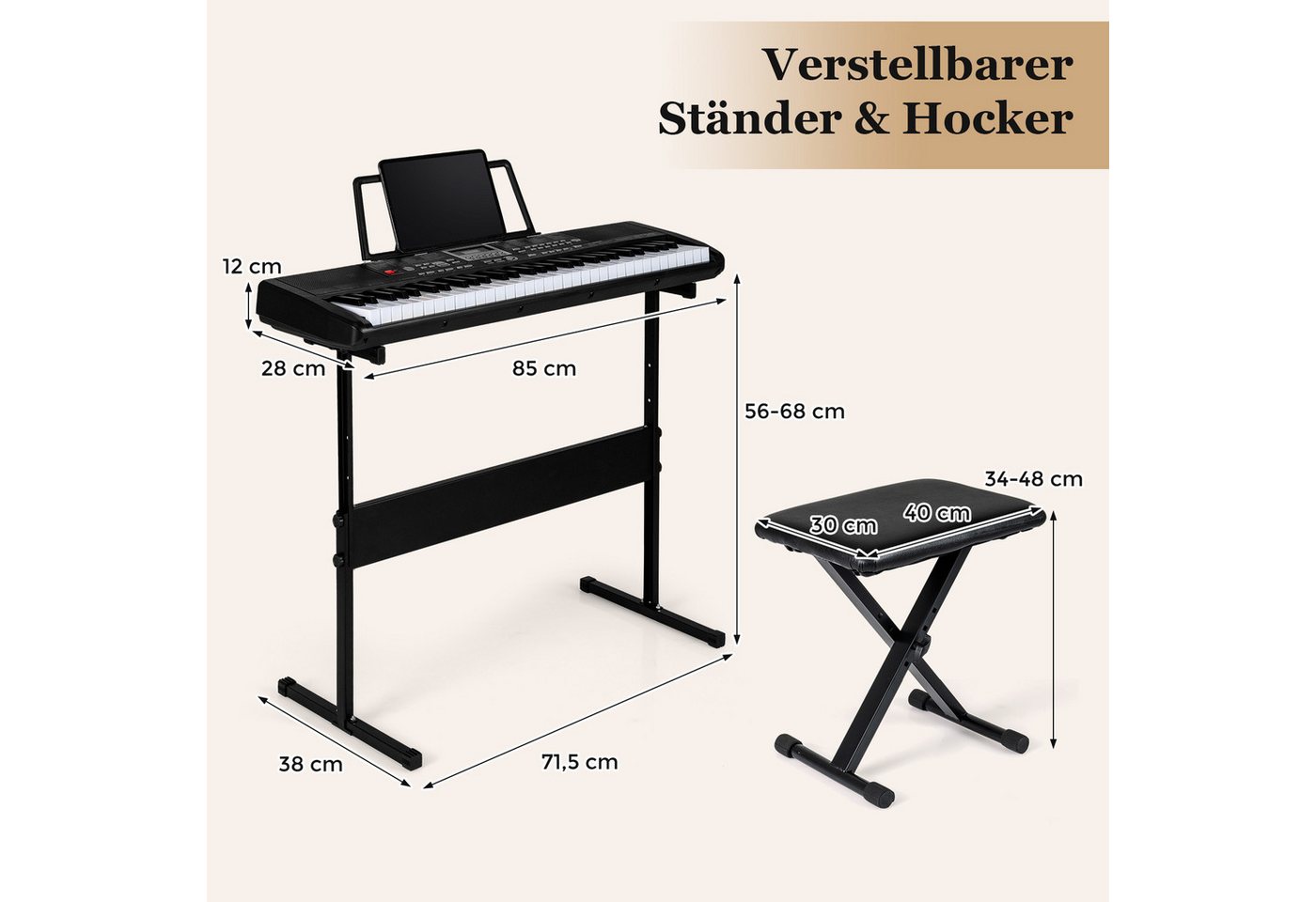 COSTWAY Home-Keyboard (1-St), 61 Tasten Klavier Keyboard, E-piano mit Stativ & Hocker, für Anfänger – Bild 3 von 5