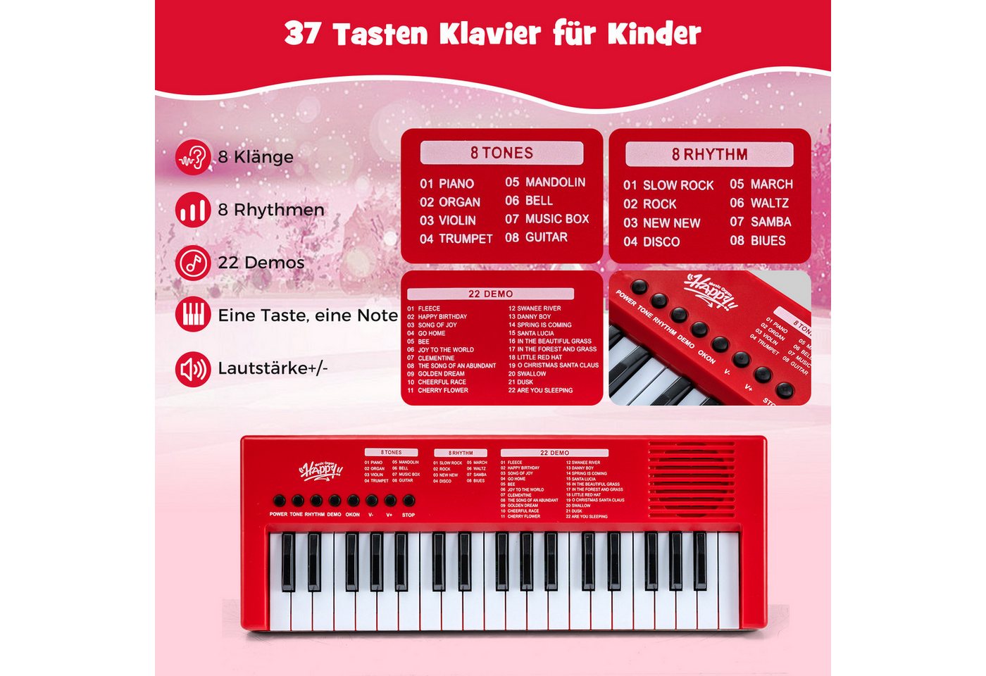 COSTWAY Home-Keyboard (1-St), Kinder Klavier Keyboard, 37 Tasten E-Piano, tragbar – Bild 3 von 5