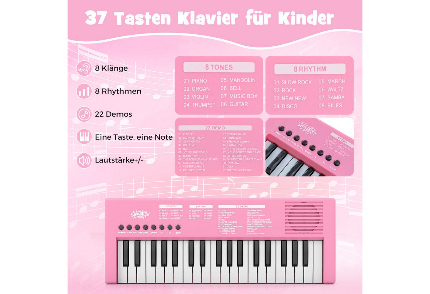 COSTWAY Home-Keyboard (1-St), Kinder Klavier Keyboard, 37 Tasten E-Piano, tragbar – Bild 3 von 5