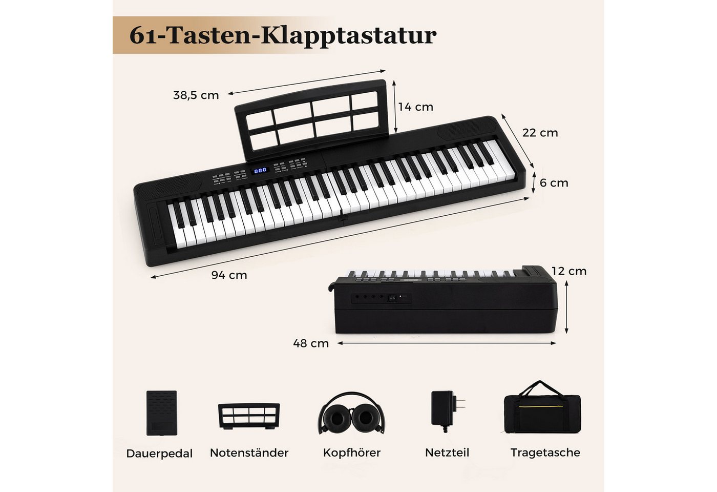 COSTWAY Home-Keyboard (1-St), 61-Tasten Klavierkeyboard, Digitalpiano mit Tragetasche, faltbar – Bild 5 von 5