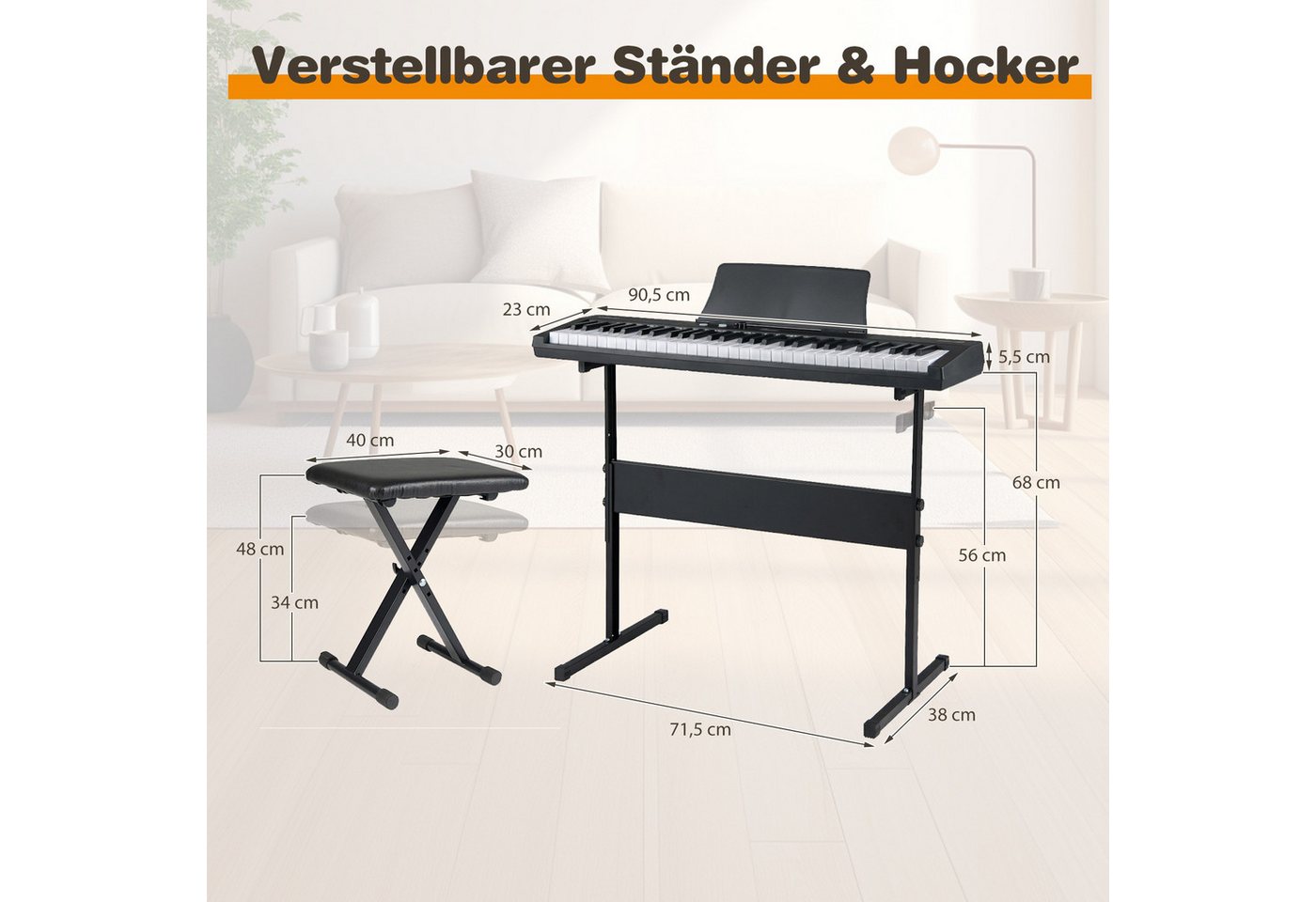 COSTWAY Home-Keyboard (1-St), 61 Tasten E-Piano, Digitalpiano mit Ständer, Hocker, für Anfänger – Bild 4 von 5
