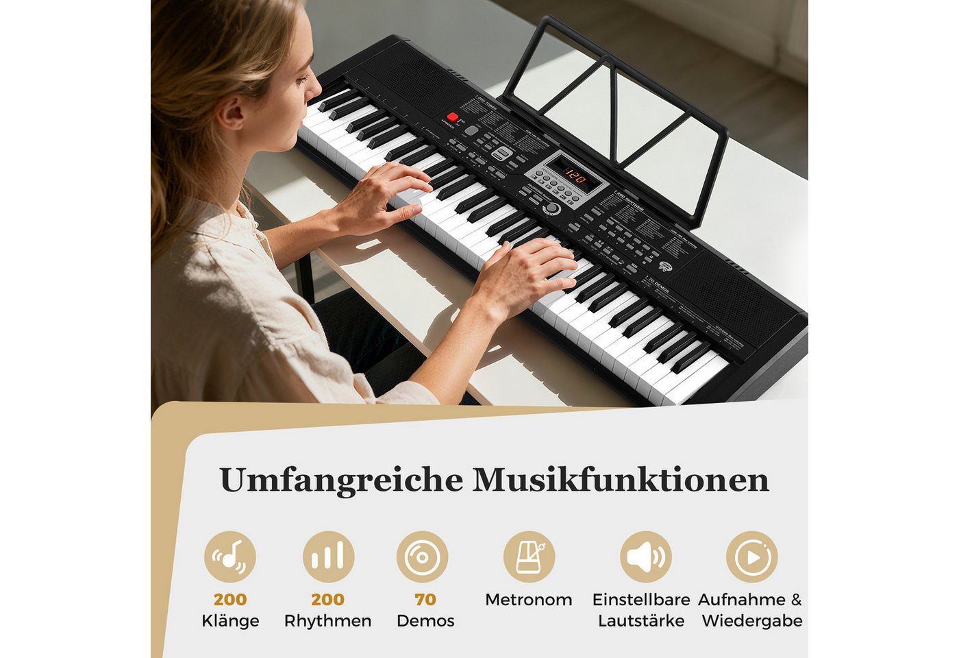 COSTWAY Home-Keyboard (1-St), 61 Tasten Digitalpiano, E-Piano mit Mikrofon, Kopfhörer – Bild 2 von 5