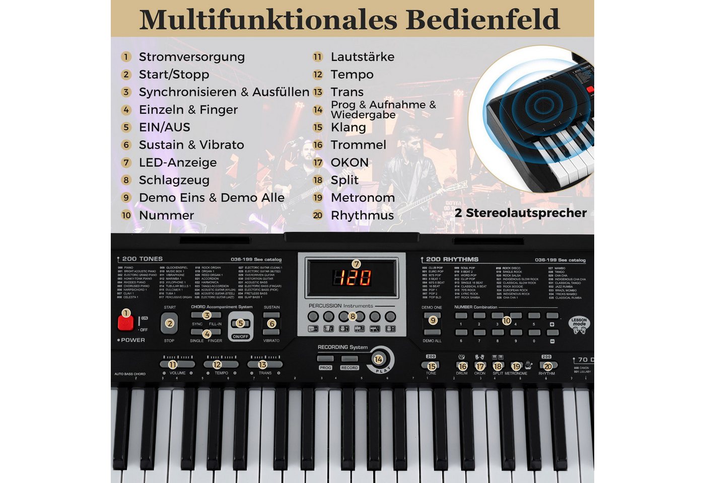COSTWAY Home-Keyboard (1-St), 61 Tasten Digitalpiano, E-Piano mit Mikrofon, Kopfhörer – Bild 3 von 5
