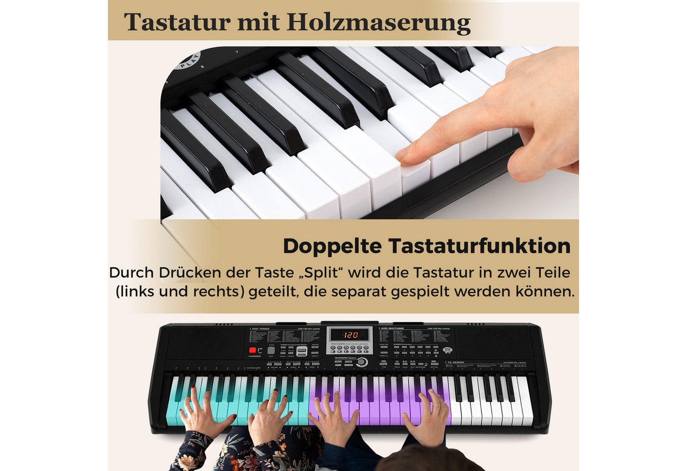 COSTWAY Home-Keyboard (1-St), 61 Tasten Digitalpiano, E-Piano mit Mikrofon, Kopfhörer – Bild 4 von 5