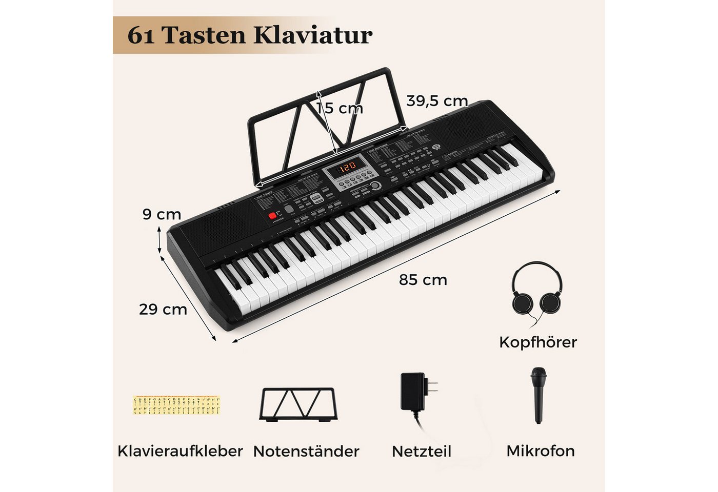 COSTWAY Home-Keyboard (1-St), 61 Tasten Digitalpiano, E-Piano mit Mikrofon, Kopfhörer – Bild 5 von 5