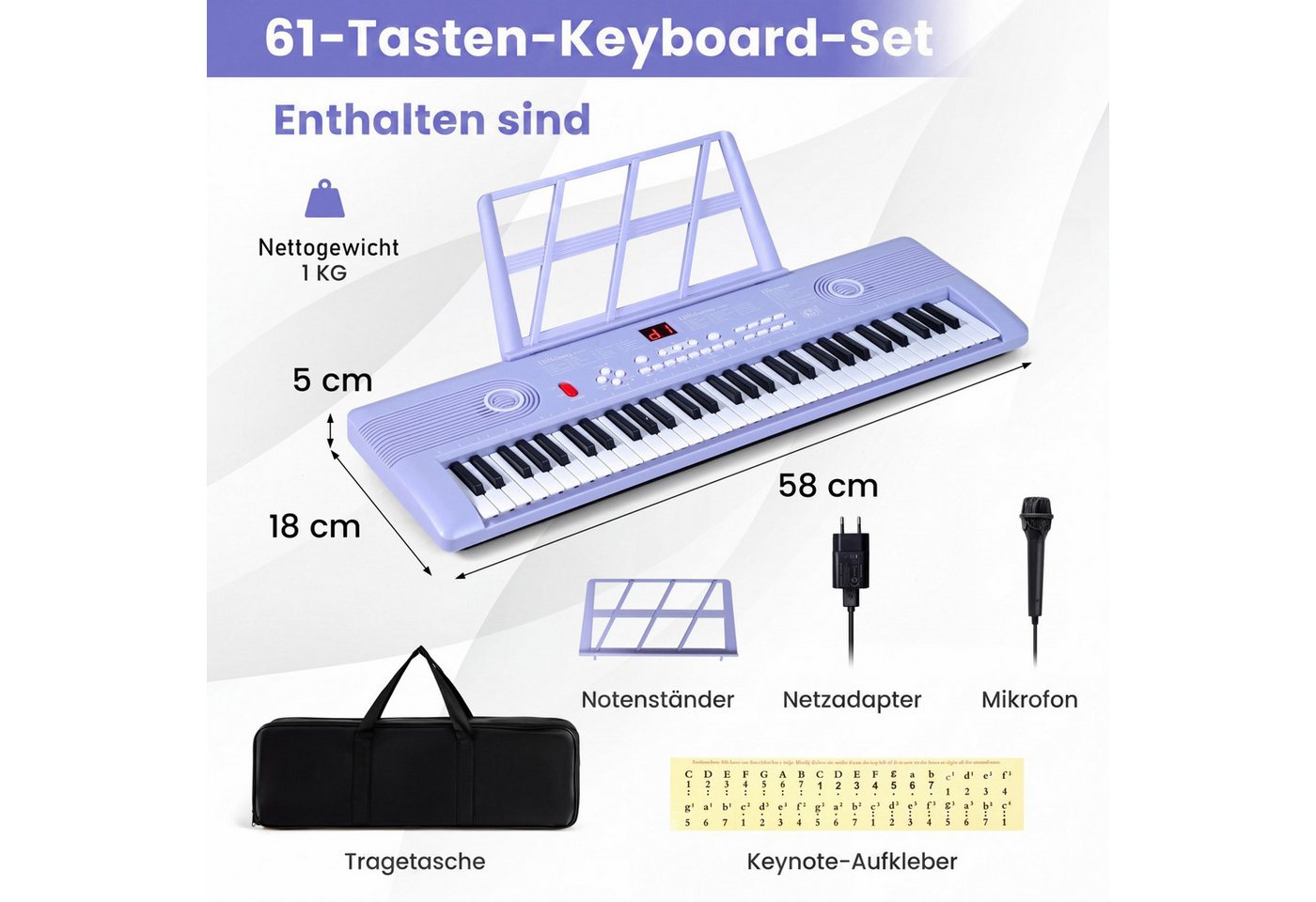 COSTWAY Home-Keyboard, Digital Piano, 61 Tasten, mit Ständer & Tragetasche, für Kinder – Bild 2 von 5