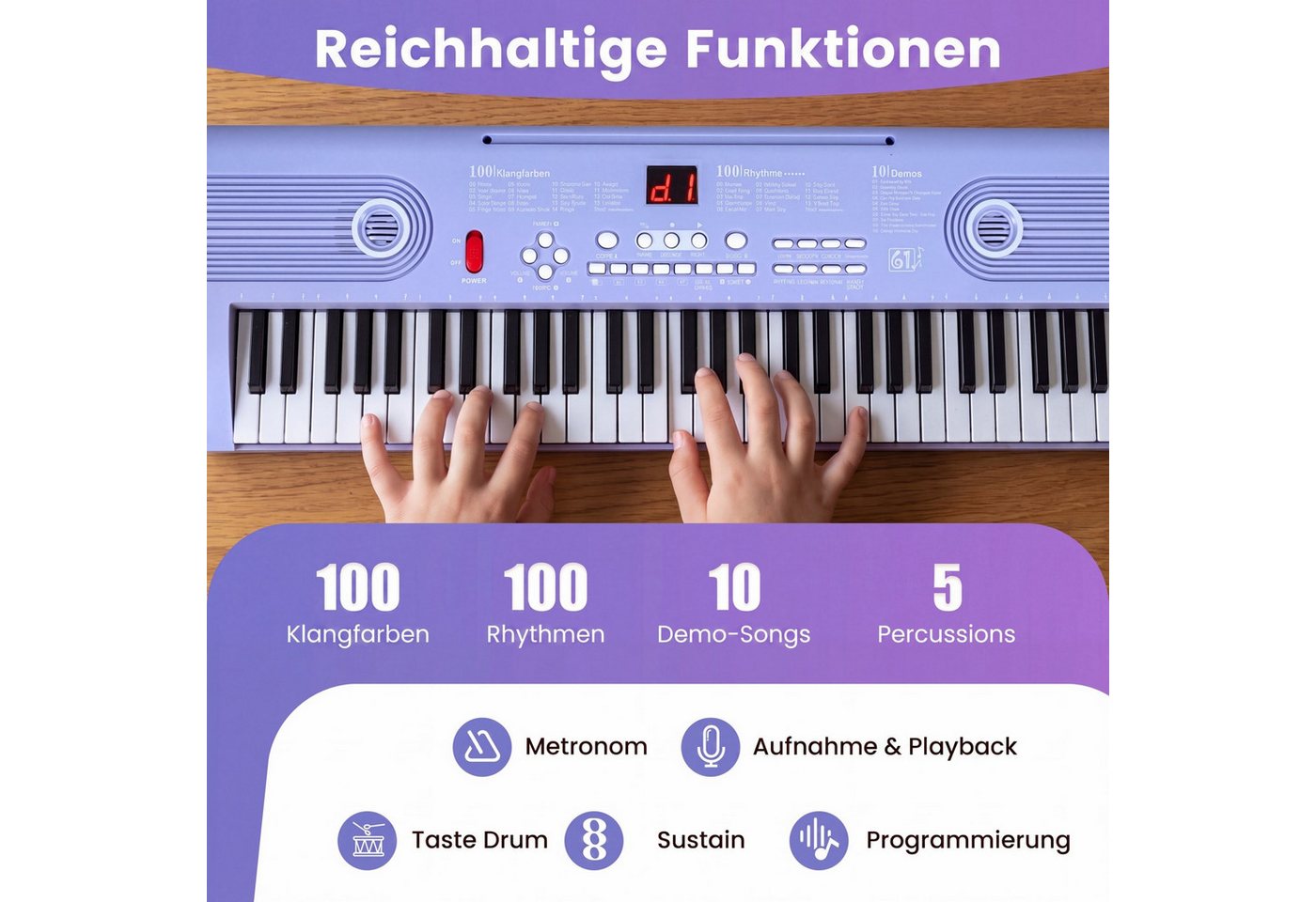 COSTWAY Home-Keyboard, Digital Piano, 61 Tasten, mit Ständer & Tragetasche, für Kinder – Bild 3 von 5