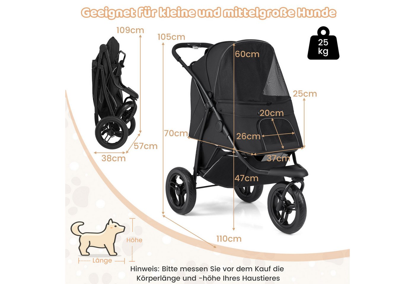 COSTWAY Hundebuggy, (1-tlg), Hundewagen, Haustierwagen mit Sonnendach, klappbar – Bild 4 von 5