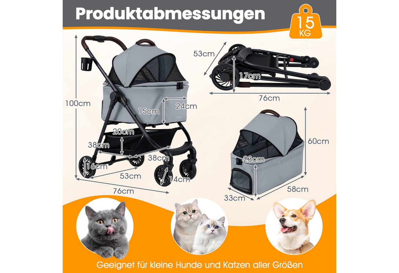 COSTWAY Hundebuggy, (1-tlg), Hundewagen, Haustiere Buggy bis 15 kg, klappbar – Bild 2 von 5
