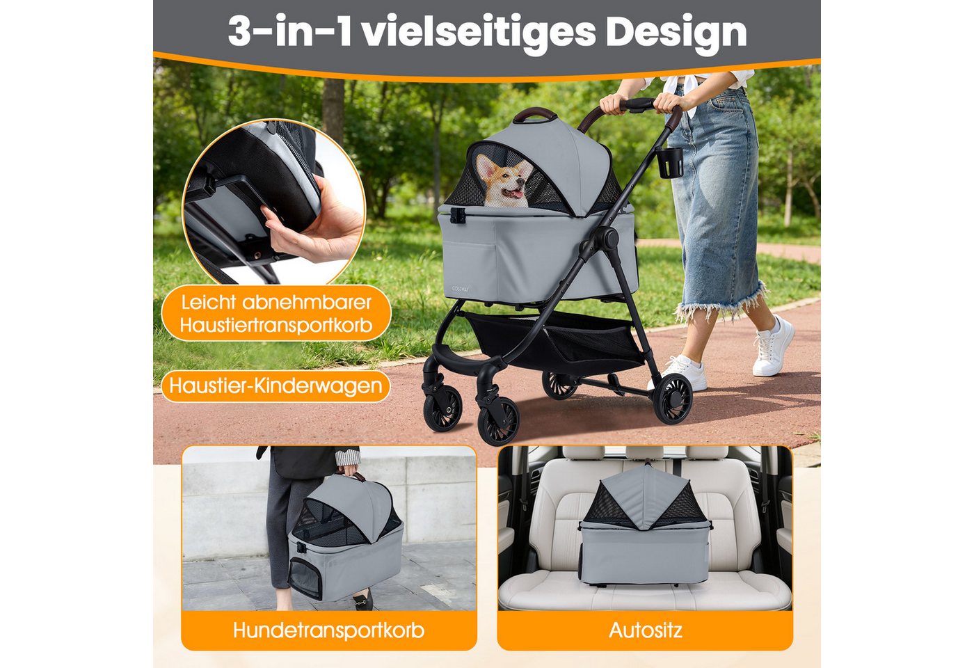 COSTWAY Hundebuggy, (1-tlg), Hundewagen, Haustiere Buggy bis 15 kg, klappbar – Bild 3 von 5