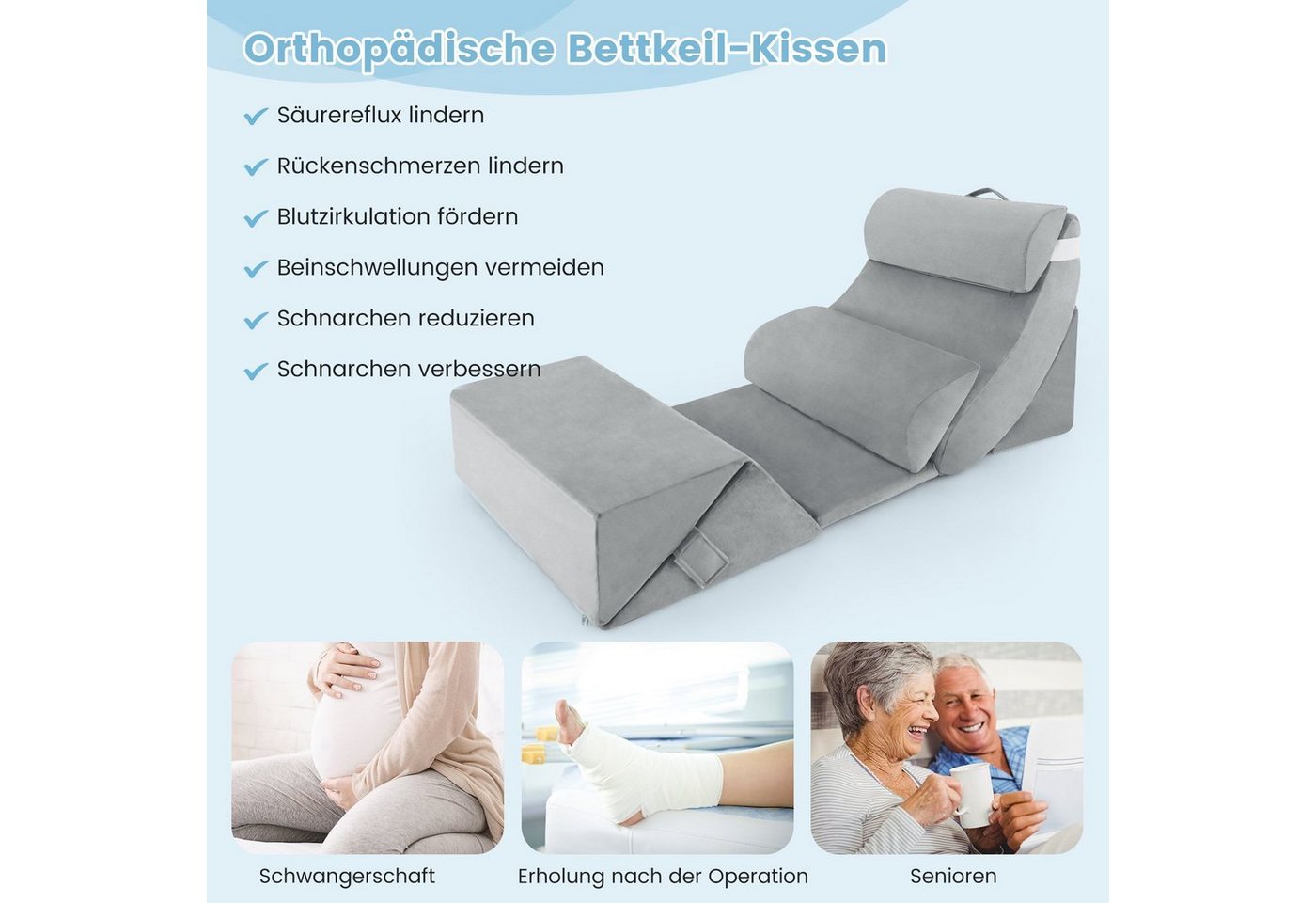 COSTWAY Keilkissen, 7-tlg., orthopädisches Bettkeilkissen, mit waschbarem Bezug – Bild 4 von 5