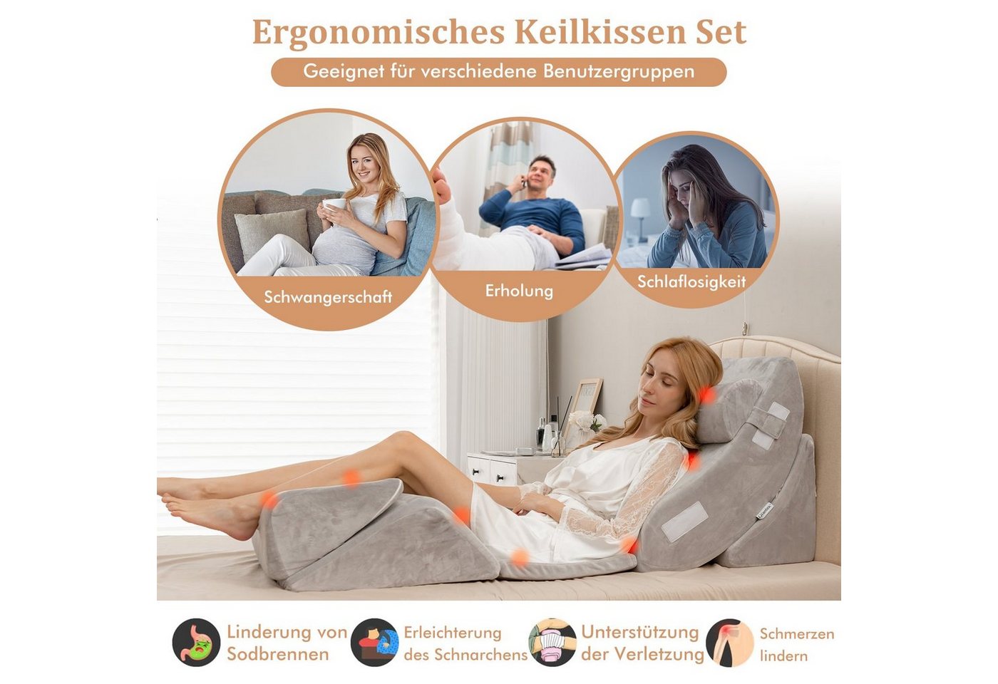 COSTWAY Keilkissen, 6-tlg., abnehmbare Kopfstütze, verstellbares Lesekissen – Bild 3 von 5