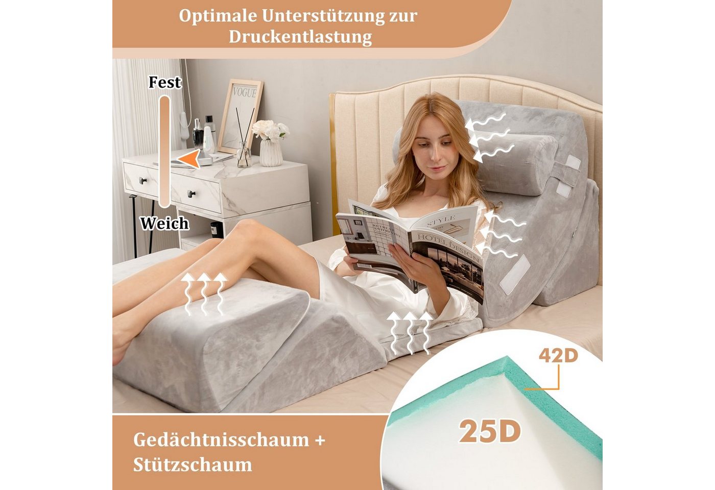 COSTWAY Keilkissen, 6-tlg., abnehmbare Kopfstütze, verstellbares Lesekissen – Bild 4 von 5