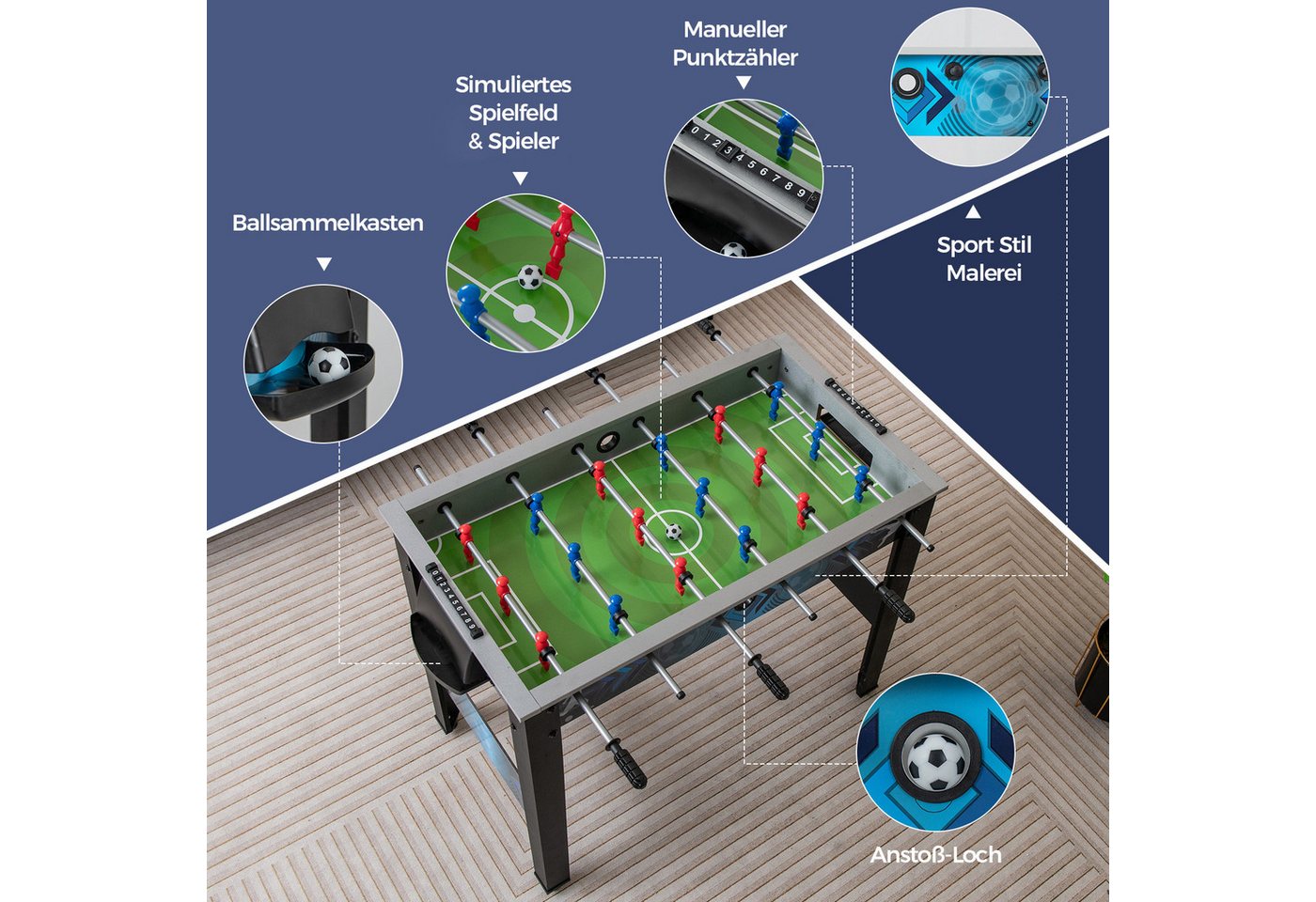 COSTWAY Kickertisch (1-tlg), für Kinder, aus Holz, mit 2 Fußbällen & 18 Spielern – Bild 4 von 5