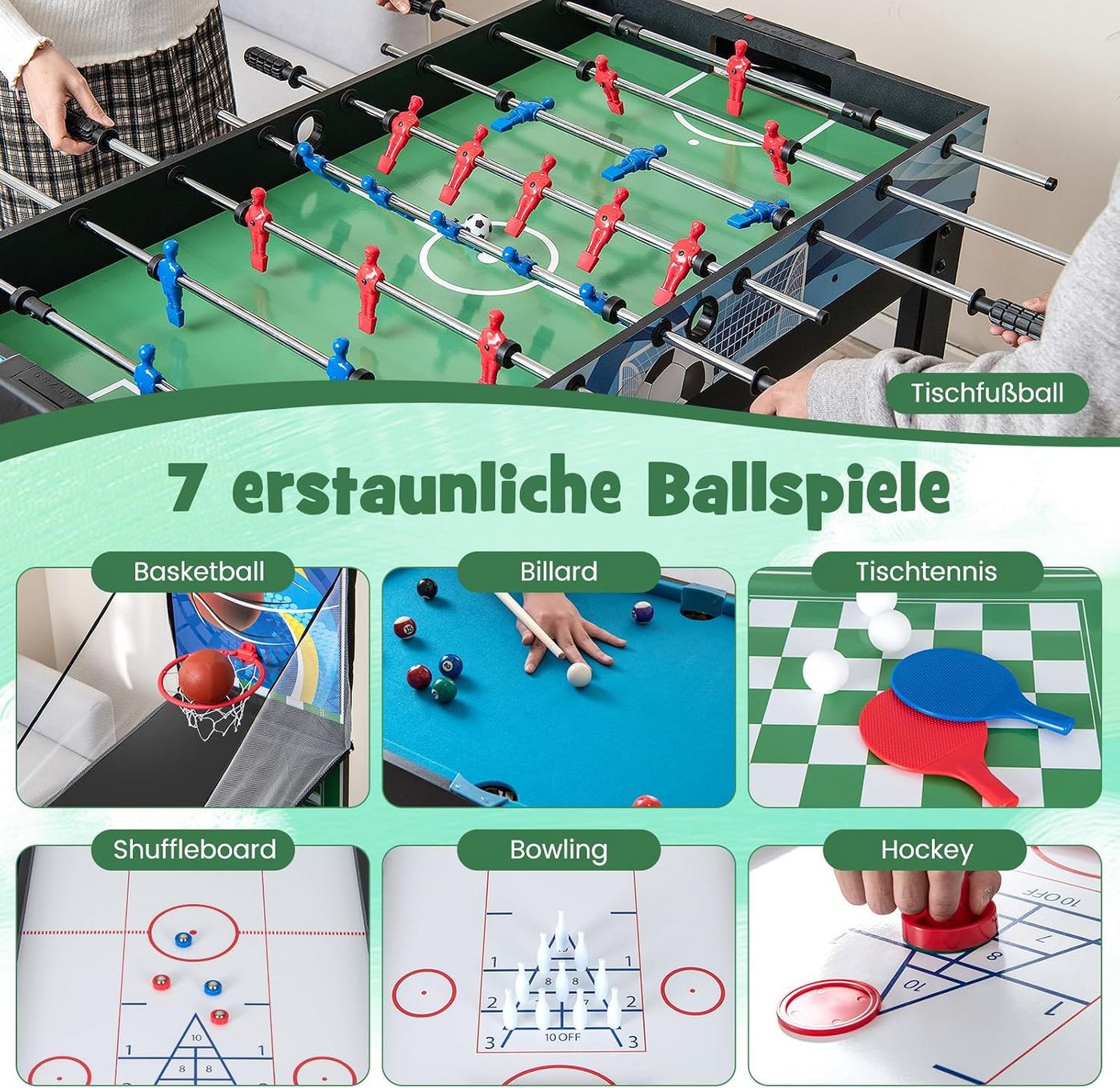 COSTWAY Kickertisch 15 in 1, Spieltisch Multifunktionstisch 109x105x90,5cm – Bild 2 von 5