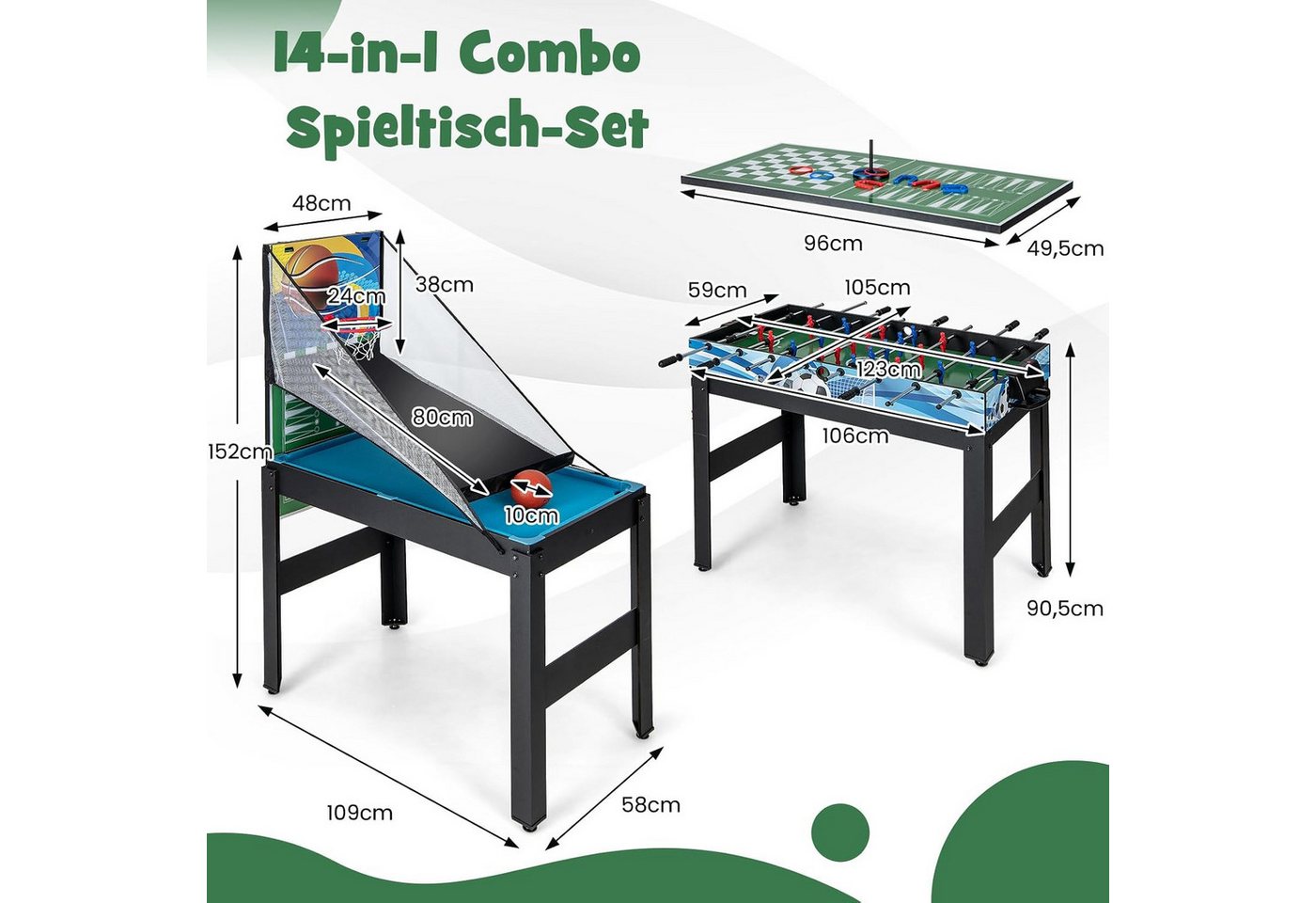 COSTWAY Kickertisch 15 in 1, Spieltisch Multifunktionstisch 109x105x90,5cm – Bild 5 von 5