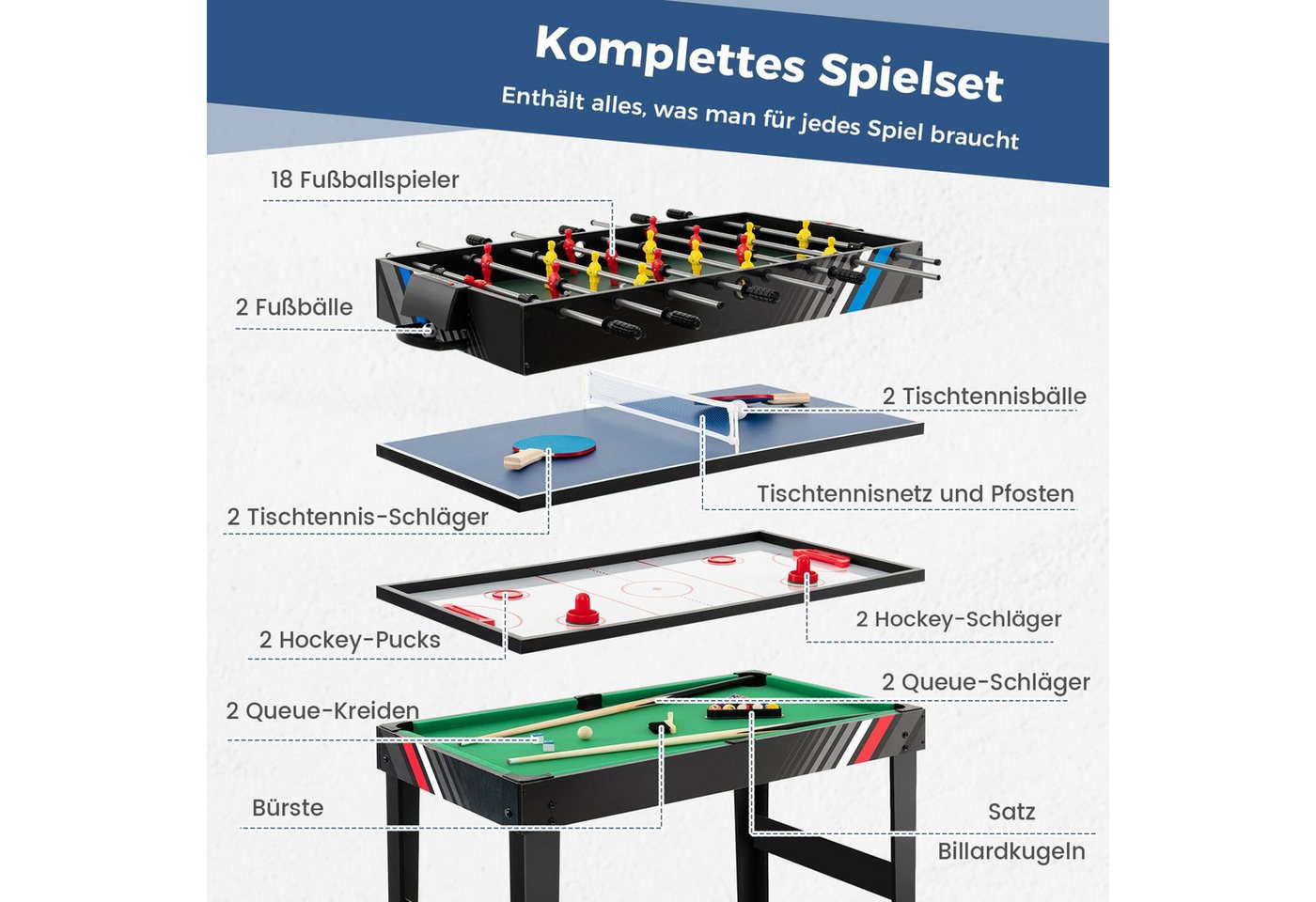 COSTWAY Kickertisch 4 in 1, Tischkicker mit Billard, Push Hockey, Tischtennis – Bild 2 von 5