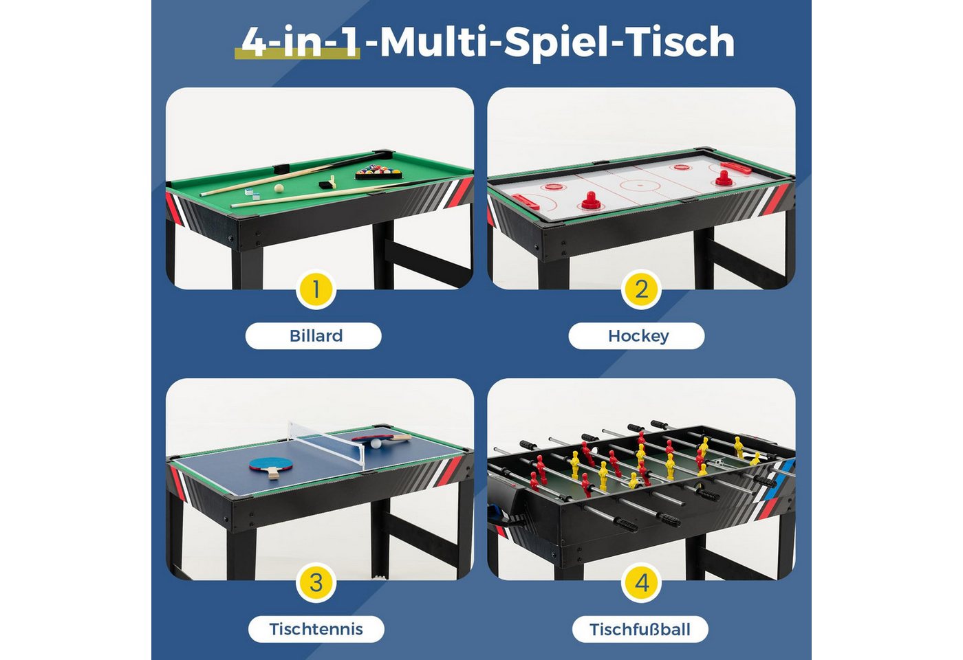 COSTWAY Kickertisch 4 in 1, Tischkicker mit Billard, Push Hockey, Tischtennis – Bild 3 von 5