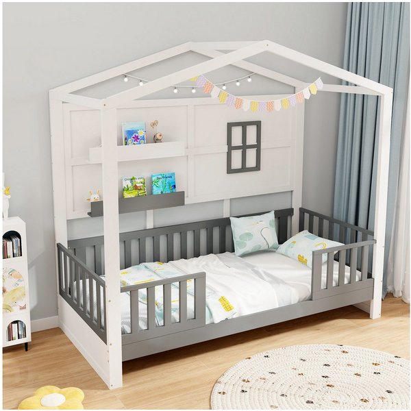 COSTWAY Kinderbett (1-tlg), Hausbett, mit 2 Regalen, Lattenrost, 90x200 cm