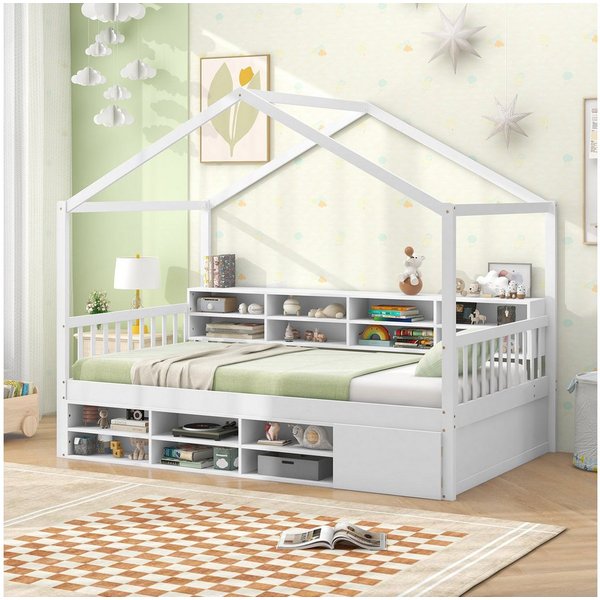 COSTWAY Kinderbett, Hausbett, mit 14 Fächern, Schrank, Lattenrost, 90x200 cm
