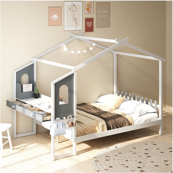 COSTWAY Kinderbett, Hausbett, mit Lattenrost & Schreibtisch, 140x200cm