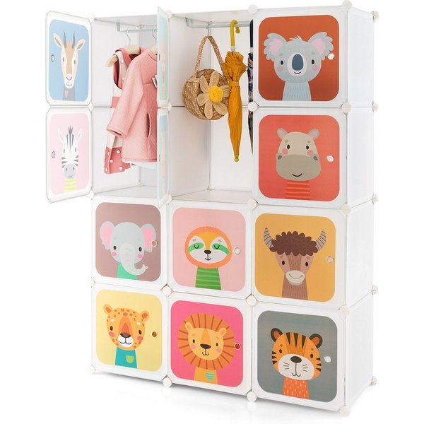 COSTWAY Kinderkleiderschrank mit 2 Kleiderstängen und 12 Würfeln, erweiterbar