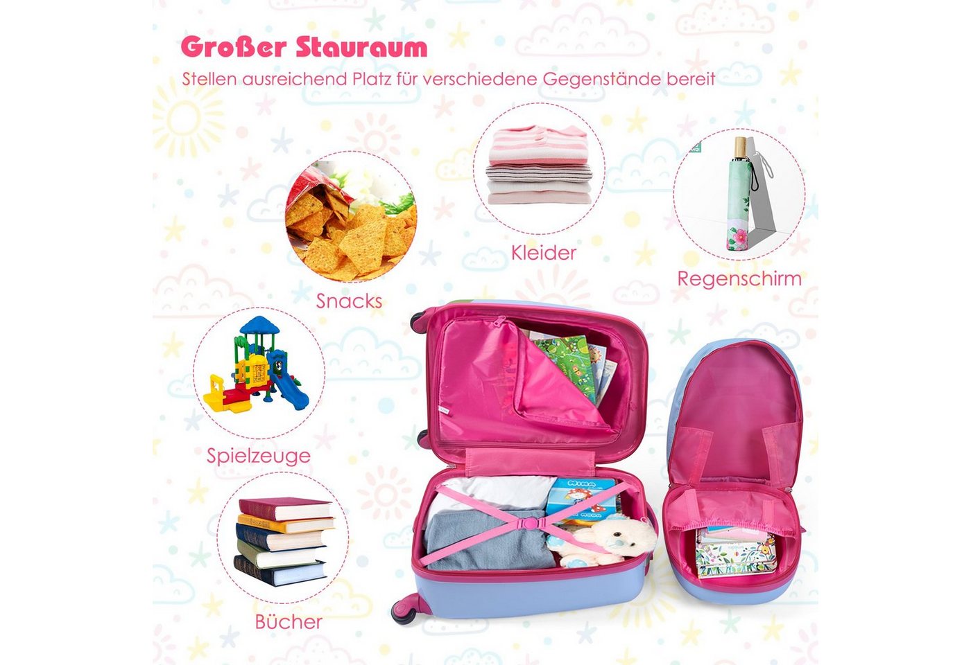 COSTWAY Kinderkoffer 2tlg Kinderkoffer, mit Rucksack – Bild 4 von 5