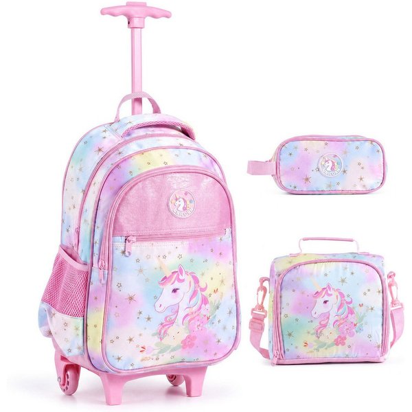 COSTWAY Kinderkoffer 3-teiliges Rollrucksack Set, 2 Rollen, Schulrucksack
