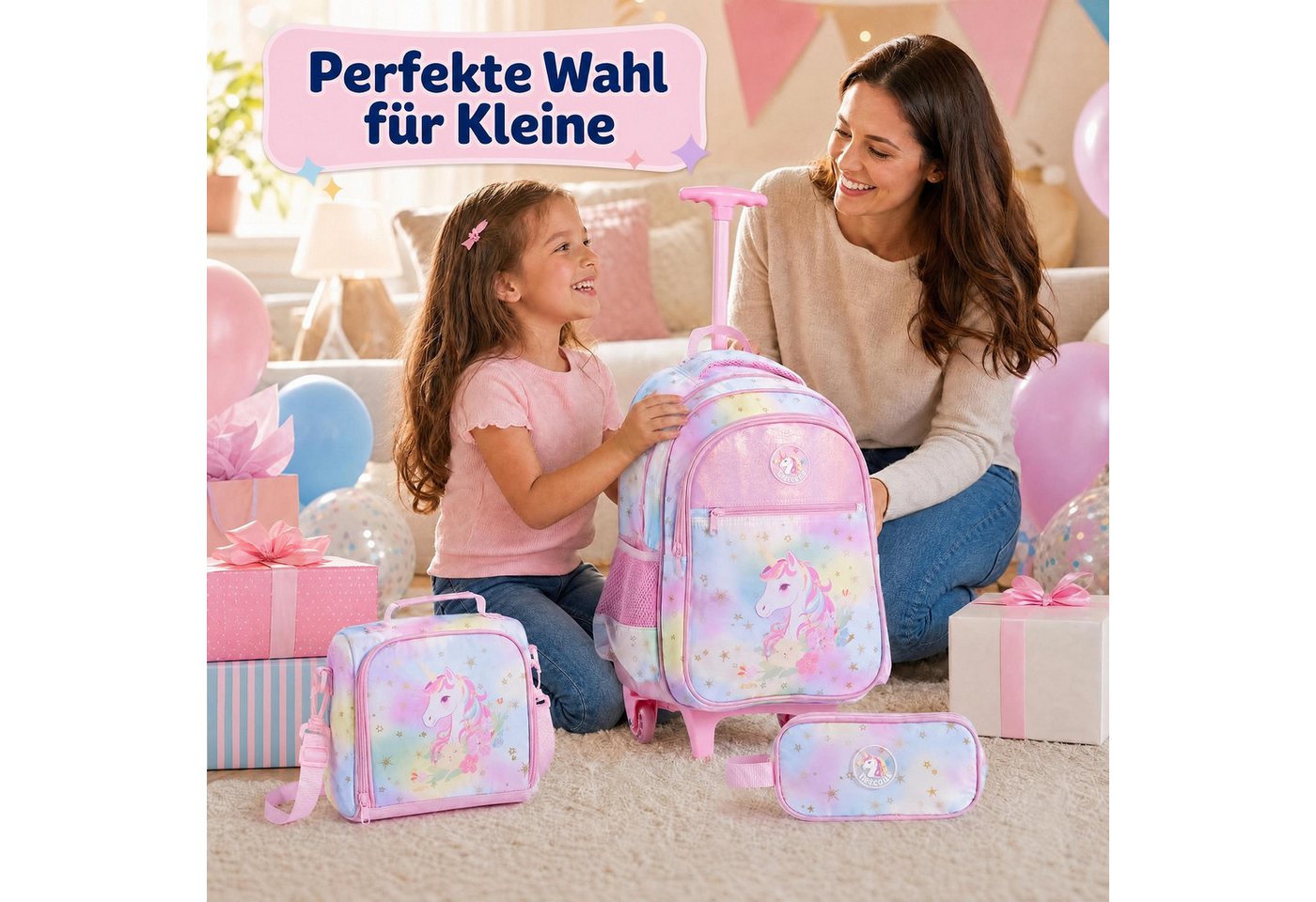 COSTWAY Kinderkoffer 3-teiliges Rollrucksack Set, 2 Rollen, Schulrucksack – Bild 2 von 5