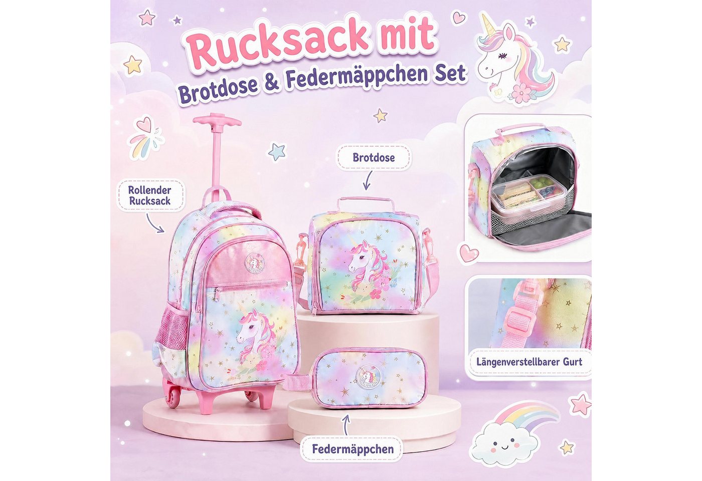 COSTWAY Kinderkoffer 3-teiliges Rollrucksack Set, 2 Rollen, Schulrucksack – Bild 4 von 5