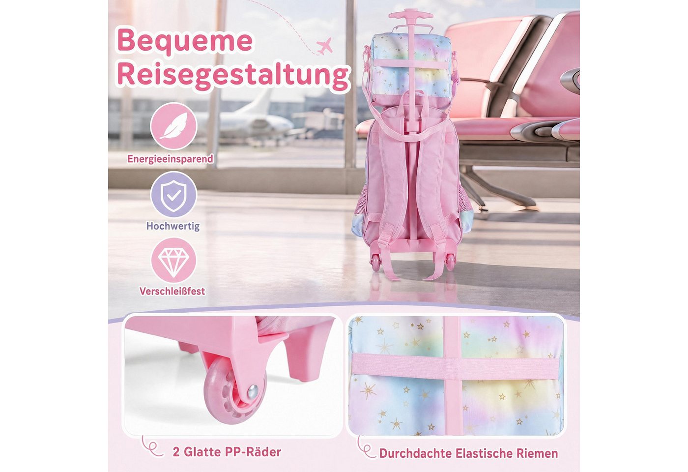 COSTWAY Kinderkoffer 3-teiliges Rollrucksack Set, 2 Rollen, Schulrucksack – Bild 5 von 5
