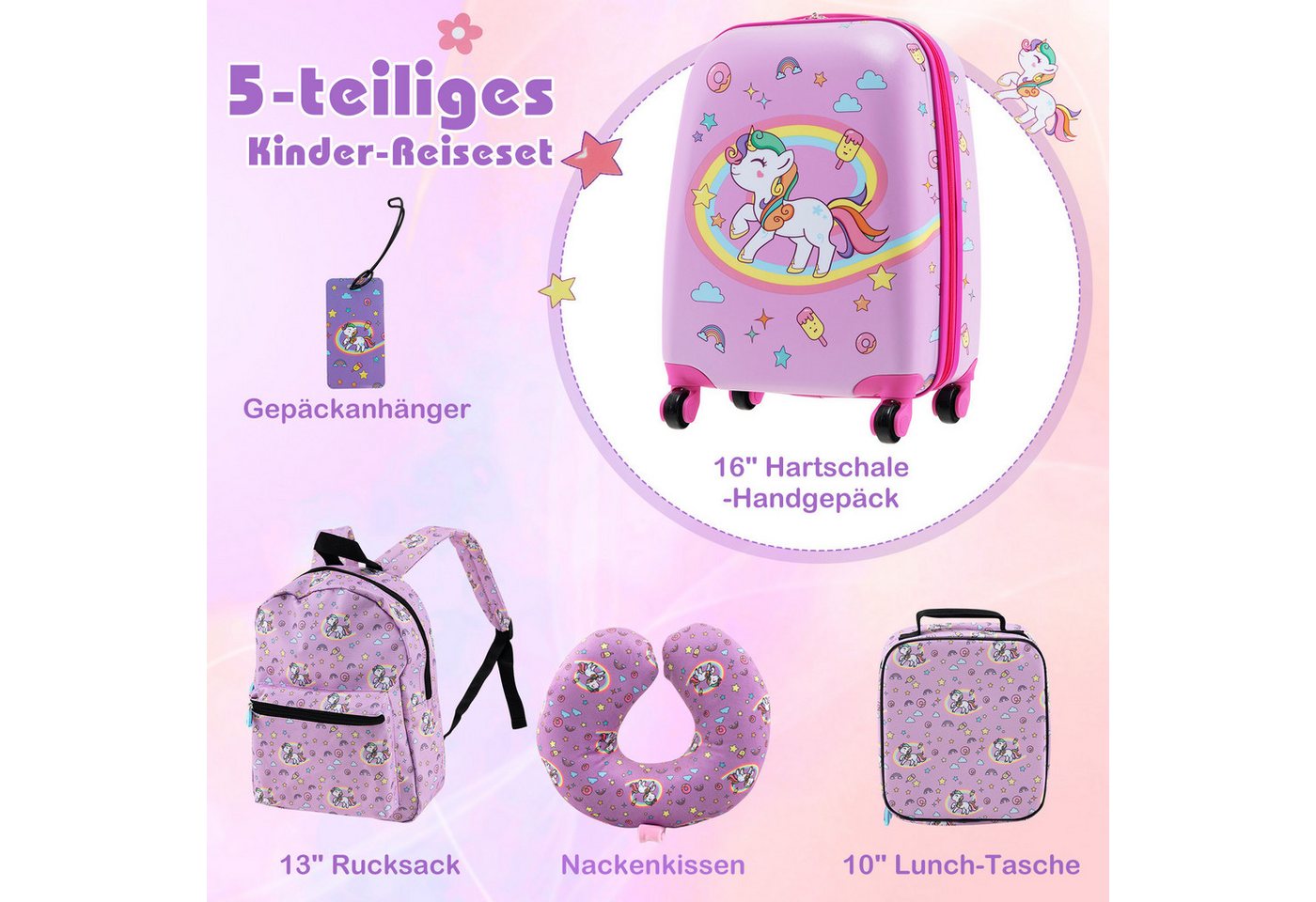 COSTWAY Kinderkoffer Set, 4 Rollen, 5 teiliges Trolley mit Handgepäck, Kissen – Bild 2 von 5